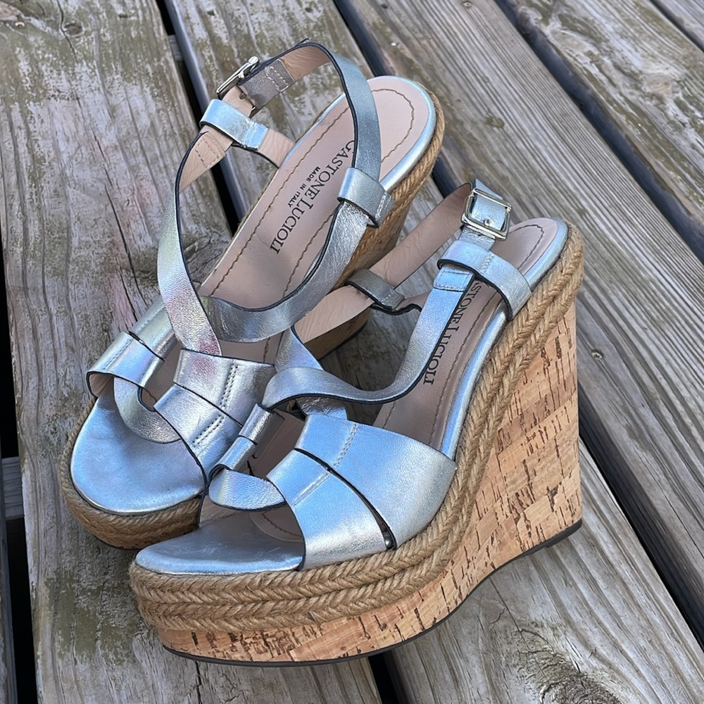 Metallic Silver Wedge Sandals - Women